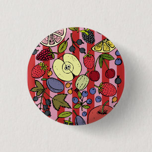 Roze en rode strepen met kleurrijk fruit ronde button 3,2 cm