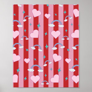 Roze en rode strepen met regenbogen en harten poster