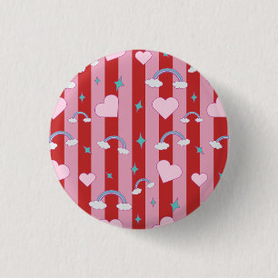 Roze en rode strepen met regenbogen en harten ronde button 3,2 cm