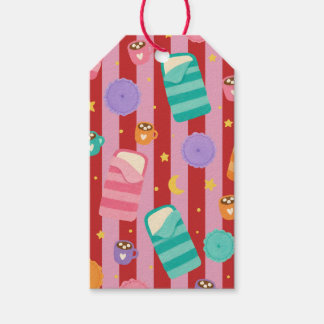 Roze en rode strepen met slaapfeestpatroon cadeaulabel