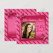 Roze en Rode Stripe Foto Quinceañera Uitnodiging (Voorkant / Achterkant)