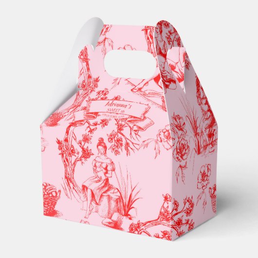 Roze en Rode Toile de Jouy Sweet 16 Bedankdoosjes (Voorkant Zijde)