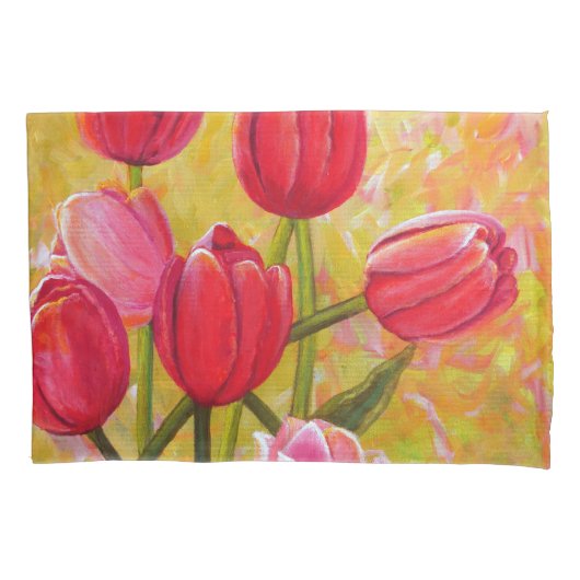 Roze en Rode Tulp-opstelling Kussensloop (Voorkant)