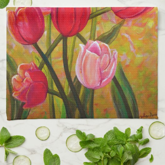 Roze en Rode Tulp-opstelling Theedoek (Gevouwen)