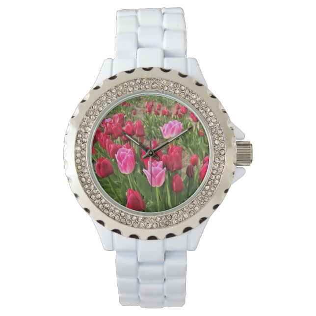 Roze en rode tulpen horloge (Voorkant)