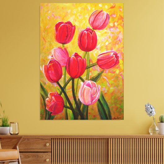 Roze en rode Tulpen schilderen Canvas Afdruk (Insitu (Woonkamer))
