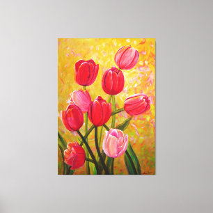 Roze en rode Tulpen schilderen Canvas Afdruk