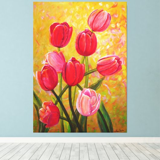 Roze en rode Tulpen schilderen Canvas Afdruk (Insitu (Houten vloer))