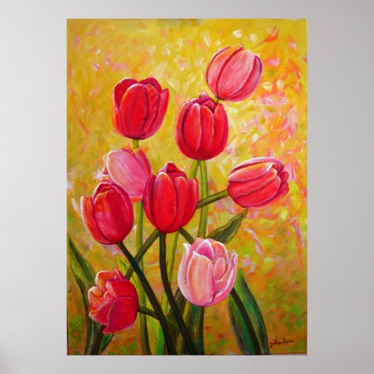 Roze en rode Tulpen schilderen Poster (Voorkant)