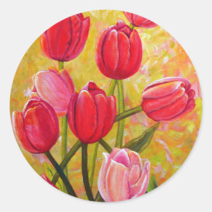 Roze en rode Tulpen schilderen Ronde Sticker