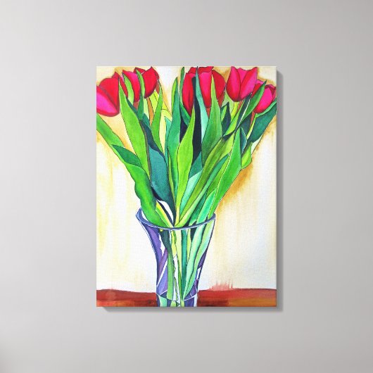 Roze en rode tulpen stilleven aquarel canvas afdruk (Voorkant)