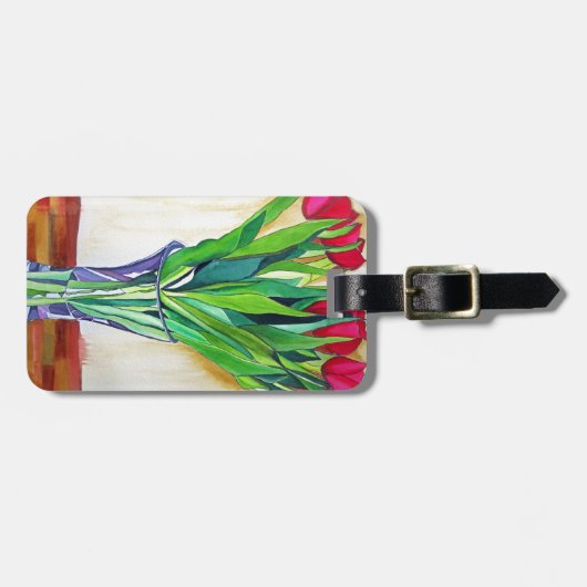 roze en rode tulpen waterverf kunst bagagelabel (Voorkant horizontaal)