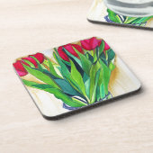 roze en rode tulpen waterverf kunst bier onderzetter (Linkerzijde)