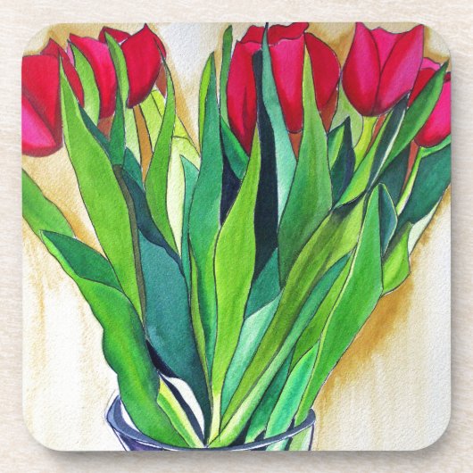 roze en rode tulpen waterverf kunst bier onderzetter (Voorkant)