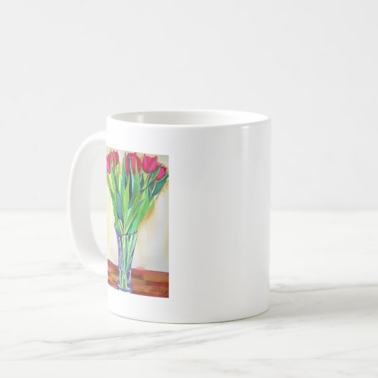 roze en rode tulpen waterverf kunst koffiemok (Voorkant links)