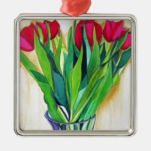 roze en rode tulpen waterverf kunst metalen ornament