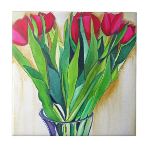roze en rode tulpen waterverf kunst tegeltje