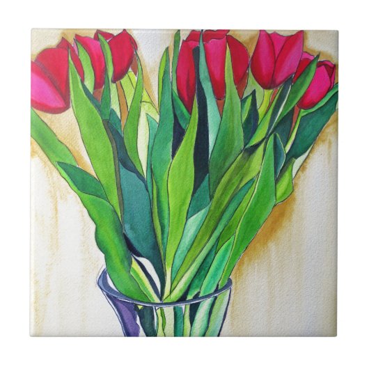 roze en rode tulpen waterverf kunst tegeltje (Voorkant)