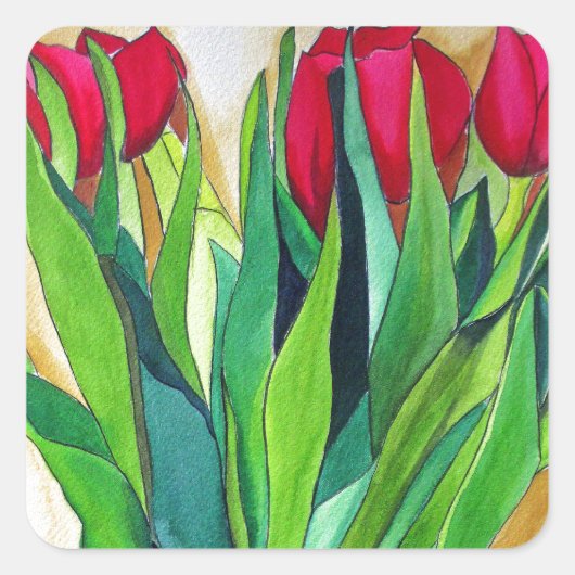roze en rode tulpen waterverf kunst vierkante sticker (Voorkant)