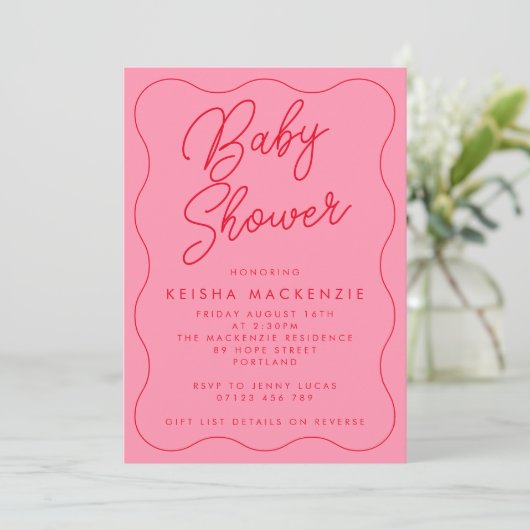 Roze en rode vierkant QR-code Baby shower Kaart (Staand voorkant)