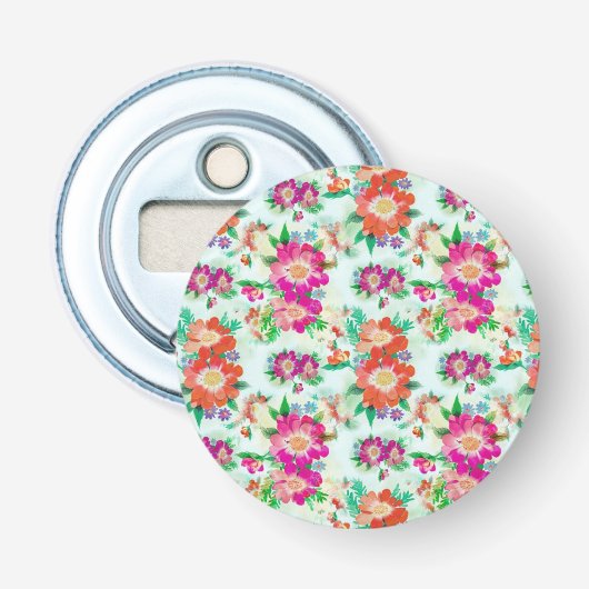 Roze en rode vintage bloempatroon button flesopener (Voorkant)