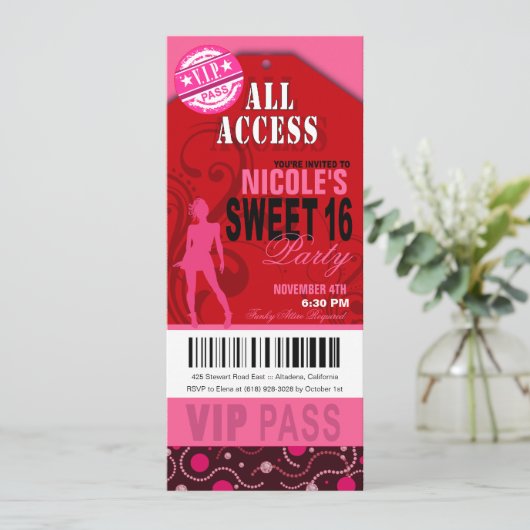Roze en rode VIP Sweet 16 Ticket Party Kaart (Staand voorkant)