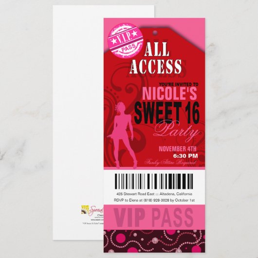 Roze en rode VIP Sweet 16 Ticket Party Kaart (Voorkant / Achterkant)