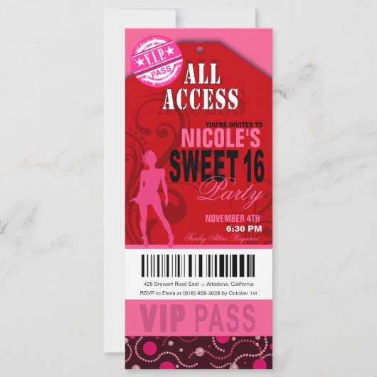 Roze en rode VIP Sweet 16 Ticket Party Kaart (Voorkant)