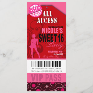 Roze en rode VIP Sweet 16 Ticket Party Kaart