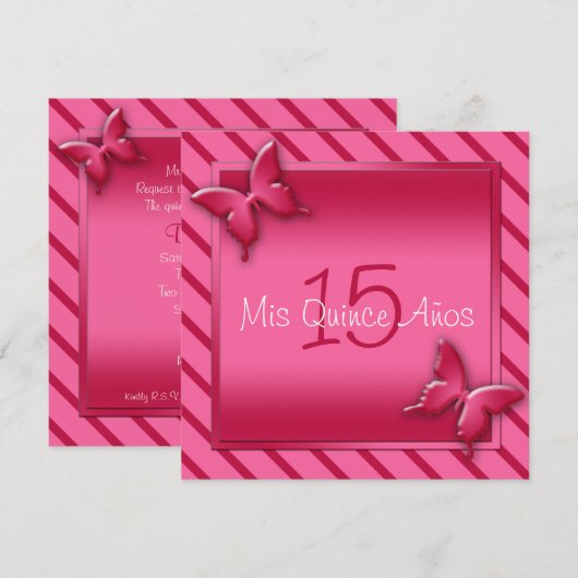 Roze en rode vlinder Quinceañera Uitnodiging (Voorkant / Achterkant)