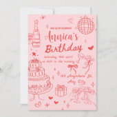 Roze en Rode Vrouwelijke Verjaardagsfeestje Uitnod Kaart (Voorkant)