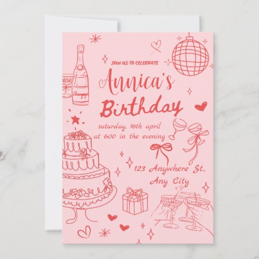 Roze en Rode Vrouwelijke Verjaardagsfeestje Uitnod Kaart (Voorkant)