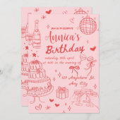Roze en Rode Vrouwelijke Verjaardagsfeestje Uitnod Kaart (Voorkant / Achterkant)