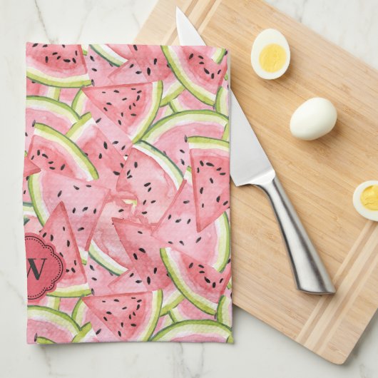 Roze en rode watermeloen patroon met monogram theedoek (Quarter Fold)