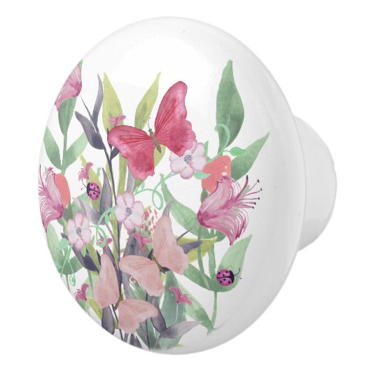 Roze en rode Waterverf bloemen en vlinders Keramische Knop (Rechts)