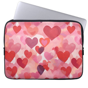 Roze en Rode Waterverf Harten Romantische Coquette Laptop Sleeve