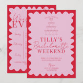 Roze en Rode Wavy Hen Weekend Party Uitnodiging (Voorkant / Achterkant)