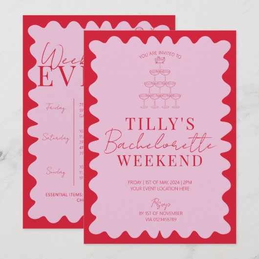Roze en Rode Wavy Hen Weekend Party Uitnodiging (Voorkant / Achterkant)