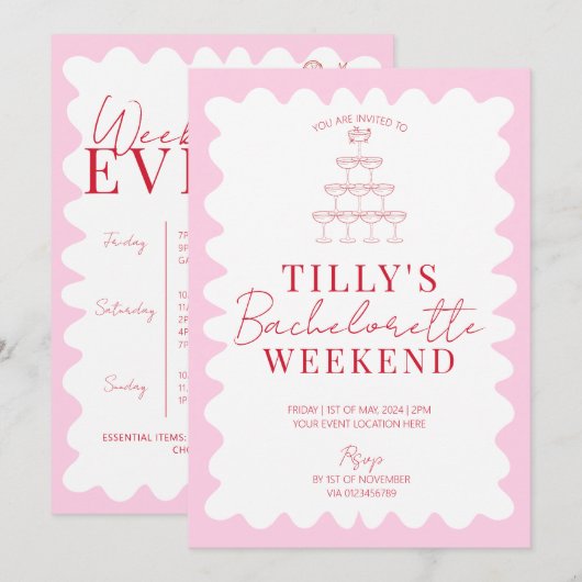 Roze en Rode Wavy Hen Weekend Party Uitnodiging (Voorkant / Achterkant)
