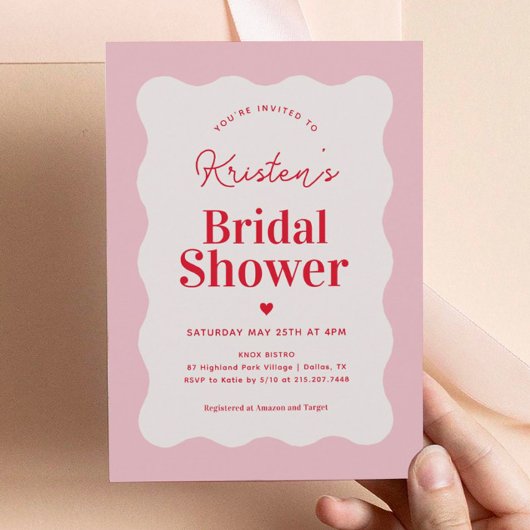 Roze en Rode Wavy Retro Bridal Shower Invitation Kaart