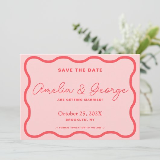 Roze en rode Wavy Retro Save The Date (Staand voorkant)