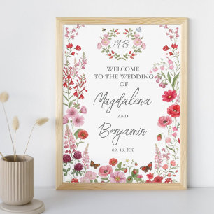 Roze en Rode Wilde Bloemen Bessen Bruiloft Welkom Poster