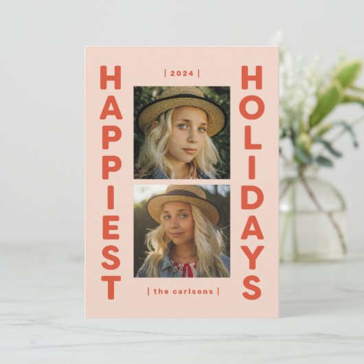 Roze en Rood 2 Foto Vakantie Foto Kerstmis Kaart (Staand voorkant)