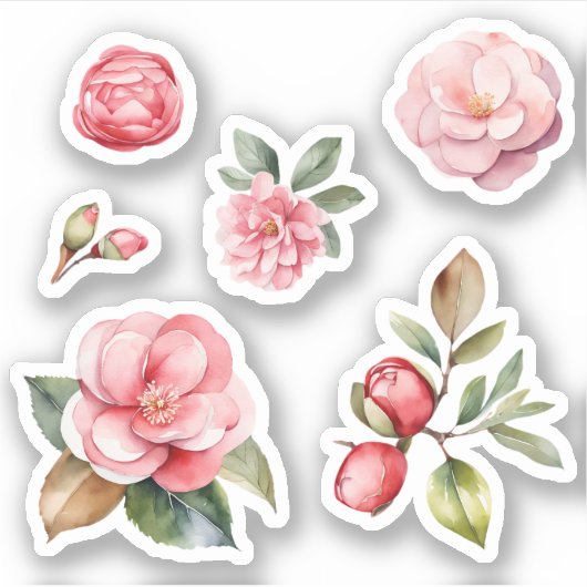 Roze en Rood Camelia Flowers Waterverf Art Pack Sticker (Voorkant)