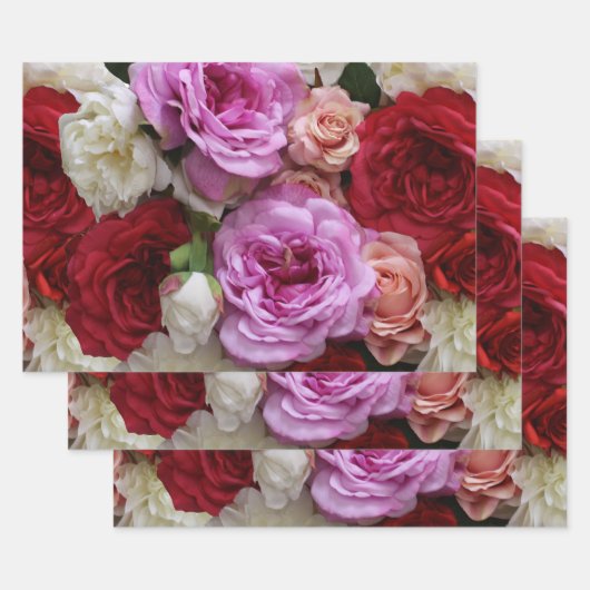 Roze en rood floraal inpakpapier, 3 vellen (Set)