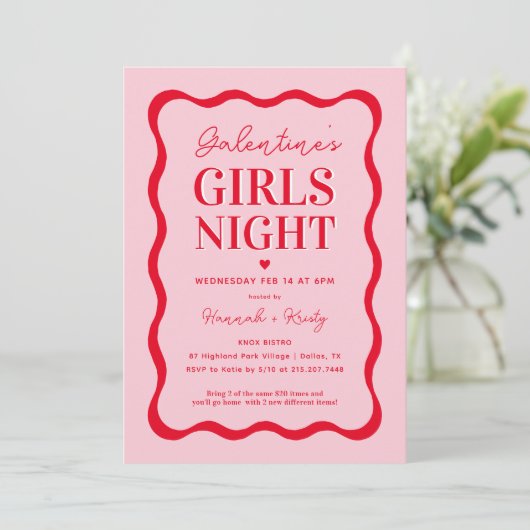 Roze en Rood Galentine's Meisjes Nachtfeest Kaart (Staand voorkant)