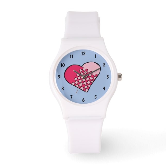 Roze en rood gedoeld hart horloge (Voorkant)