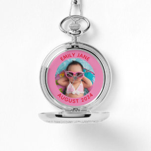 Roze en rood Gepersonaliseerde Ronde Familiefoto Horloge