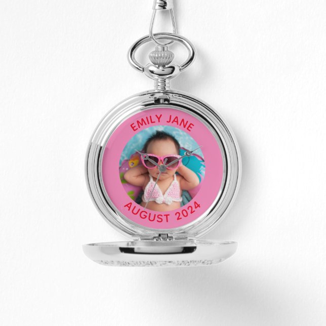 Roze en rood Gepersonaliseerde Ronde Familiefoto Horloge (Voorkant)