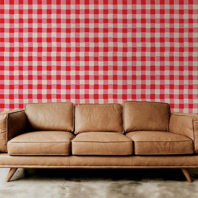 Roze en Rood Geruite Plaid Behang (Playful pink and red checkered plaid hand-drawn wallpaper.)